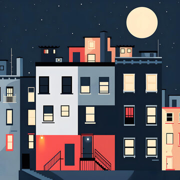 夜晚城市建筑群與滿月景觀
