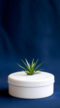 白色容器上放著一株小植物，藍(lán)色背景