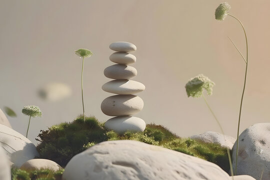 青苔上的平衡石和野花