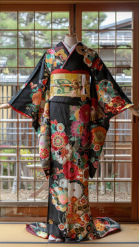 一件帶花卉圖案的和服和一條色彩鮮艷的腰帶