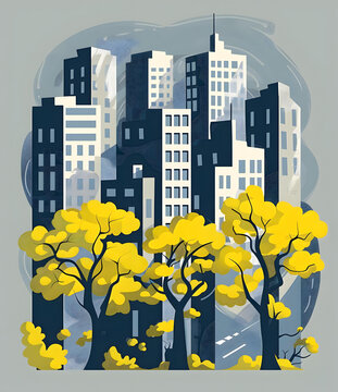 現(xiàn)代城市風(fēng)景與黃色樹木和建筑