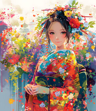 身穿和服的美麗女人的插圖，背景是五顏六色的花朵