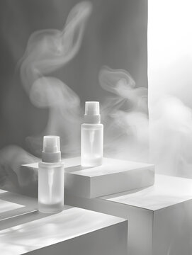 兩個透明的香水瓶在白色展示臺上，背景為白色煙霧