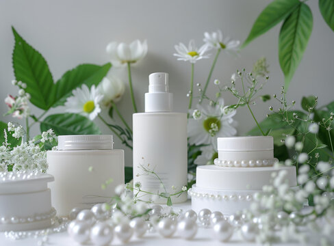 白色背景上的白色化妝品瓶雛菊花和綠葉