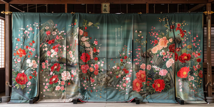 一幅美麗的日本和服，上面有花卉圖案。