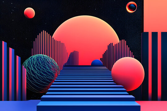 黑暗星空下的紅色太陽，3D渲染的樓梯通向前方