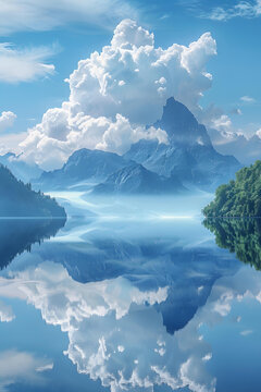 壯麗的湖光山色倒映在寧?kù)o的湖面上空