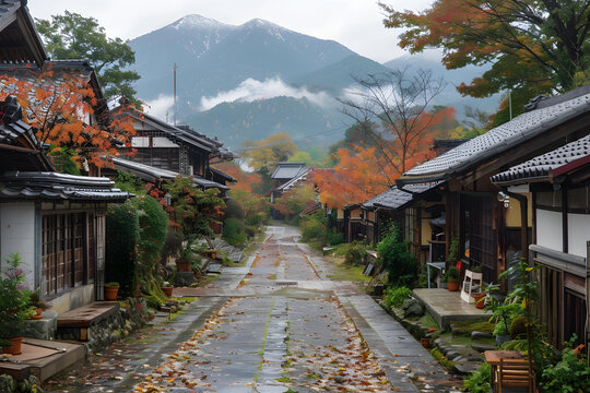 日本傳統(tǒng)村莊街道，紅葉秋景與山脈背景