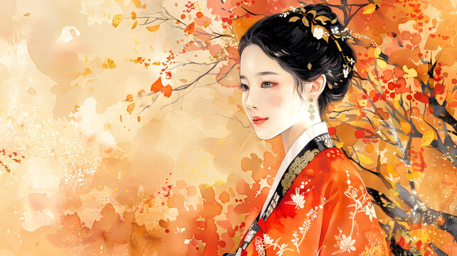 身穿韓國傳統(tǒng)服飾的美麗亞洲女性插圖，背景是秋葉。