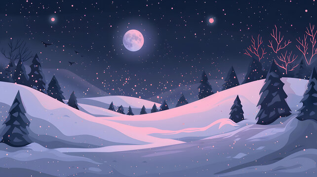 夜晚雪景 月亮 山坡