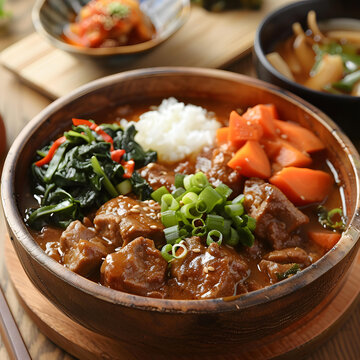 日式牛肉燉菜配米飯、胡蘿卜和蔥