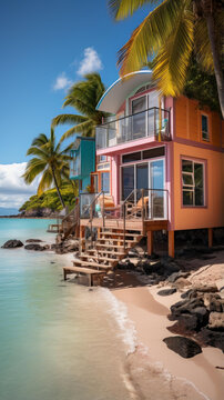 五彩繽紛的臨海高蹺小屋