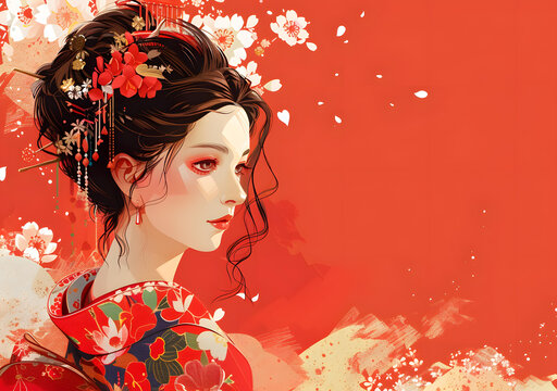 身穿紅色和服的美麗女人的插圖，她的頭發(fā)上裝飾著紅色和白色的花朵
