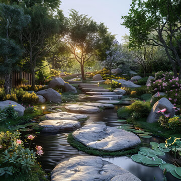 郁蔥花園里的池塘和踏腳石