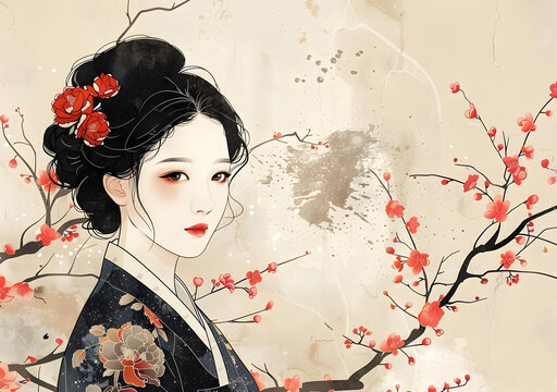 身著傳統(tǒng)服飾的亞洲女性與櫻花