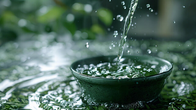 碧綠欲滴的綠茶葉和水滴漣漪