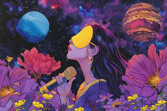 戴眼罩的女孩在太空中唱歌