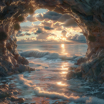 夕陽下的海邊洞穴