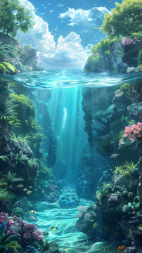 海底世界與五彩繽紛的珊瑚礁和熱帶魚