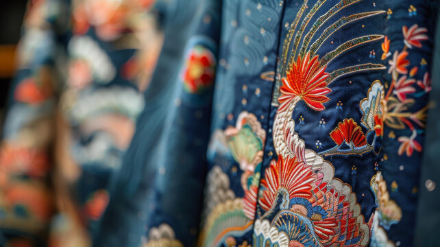 藍(lán)色織物上精致的花卉刺繡