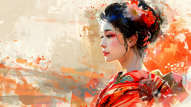 一個身穿日本和服的亞洲婦女，頭上別著一朵紅白相間的花，面帶平靜的表情向右看去。