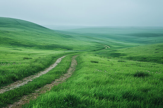 鄉(xiāng)村泥土路穿過郁郁蔥蔥的綠色草地小山丘