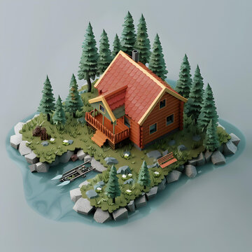 低多邊形森林小屋
