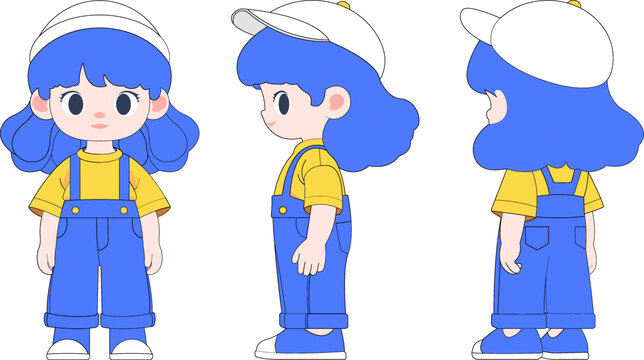戴帽子藍(lán)色小女孩卡通形象三視圖