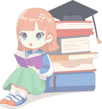 看書的小女孩世界讀書日可愛插畫