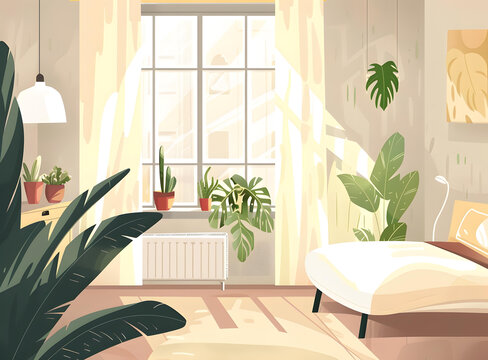 舒適的客廳內(nèi)景，帶有綠色植物和大型窗戶