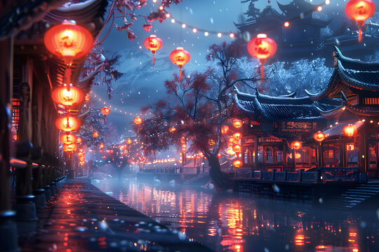 雪花飄飄的中國古代小鎮(zhèn)