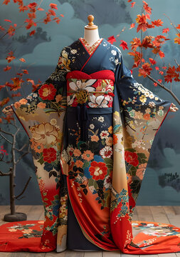 一件帶花卉圖案的和服和一條紅色腰帶