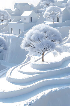 在懸崖上的白色雪樹(shù)和房屋