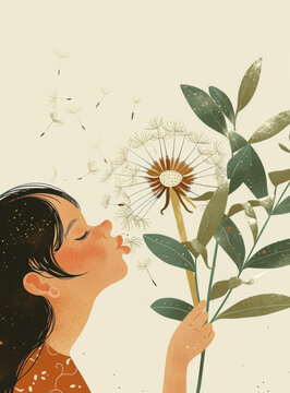 女孩吹蒲公英插圖