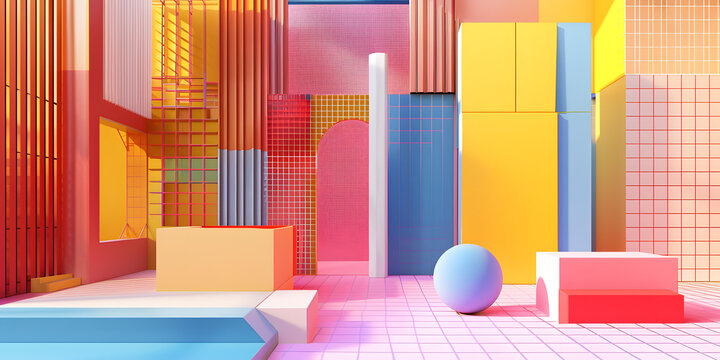 抽象幾何形狀3D渲染房間