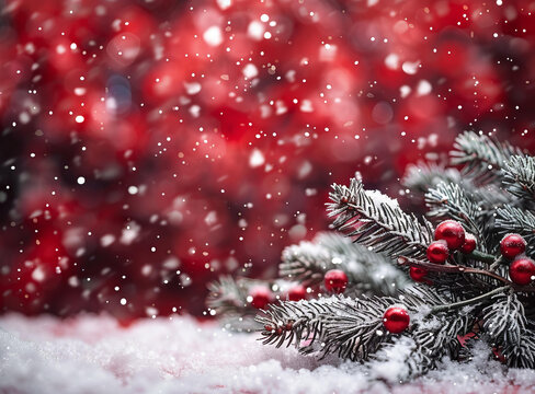 圣誕樹(shù)枝在雪地背景上的紅漿果