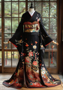 身穿黑色和服，手持團(tuán)扇的日本藝伎