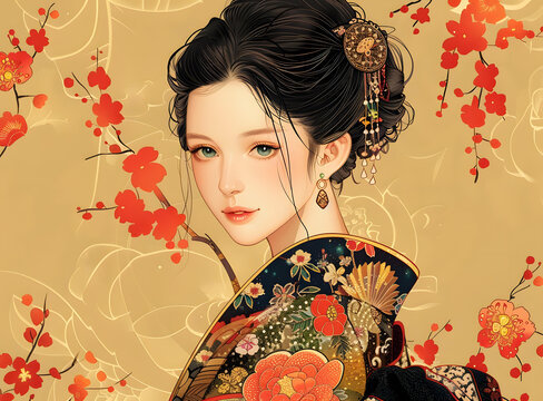 一個(gè)身穿傳統(tǒng)服飾的美麗日本女人的插圖，背景是紅色和白色的梅花