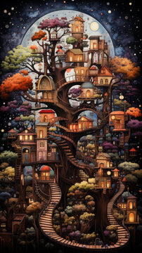 奇幻森林里的樹屋村莊