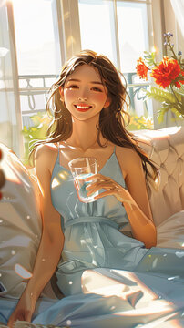 陽(yáng)光下微笑喝水的女人