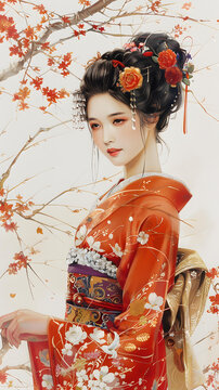 身穿紅色和服的美麗日本女子站在櫻花樹下