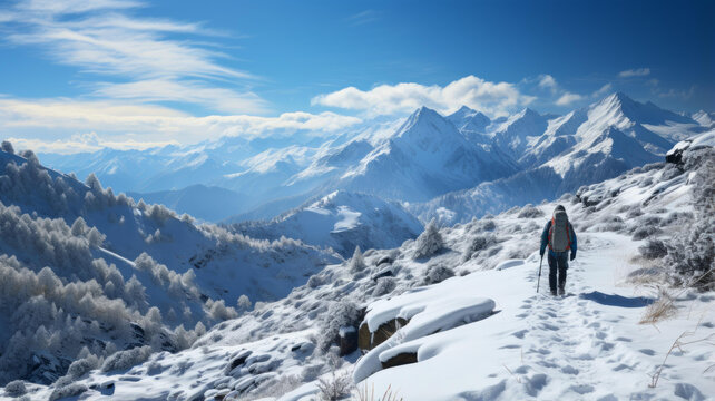 雪山中獨自徒步旅行的男人