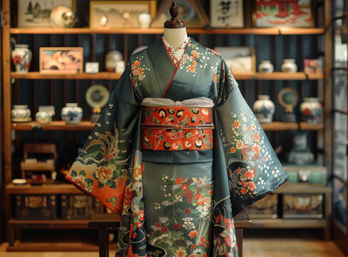 一件帶花卉圖案的和服，展示在模特身上