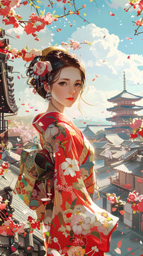 身穿紅色和服的美麗日本女子站在櫻花盛開(kāi)的原野上。