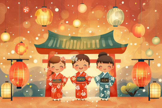三個女孩穿著和服參加祭祀活動