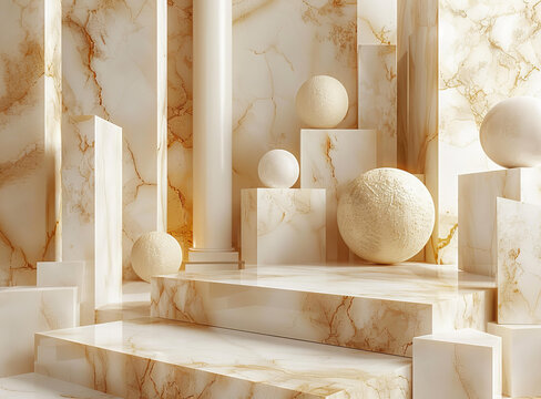 3D渲染的大理石球體展臺(tái)