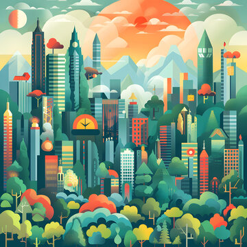 色彩鮮艷的城市景觀，綠樹與山脈交相輝映