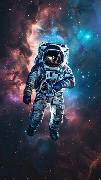 身著宇航服的宇航員在星云和恒星間漂浮