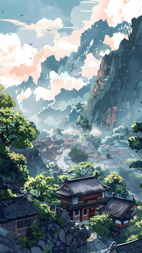 古風(fēng)中國(guó)村莊在山間的景象