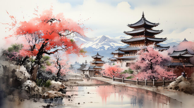 櫻花盛開的日本傳統(tǒng)村莊